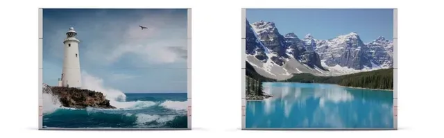 Two pictures of a lighthouse and a lake with mountains in the background.