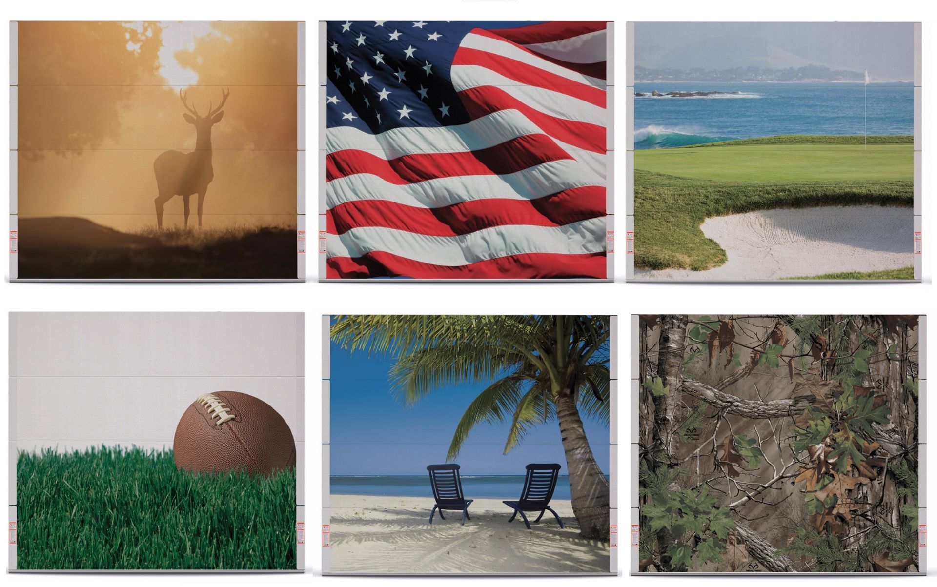 A collage of images including an american flag a golf ball a deer and a beach