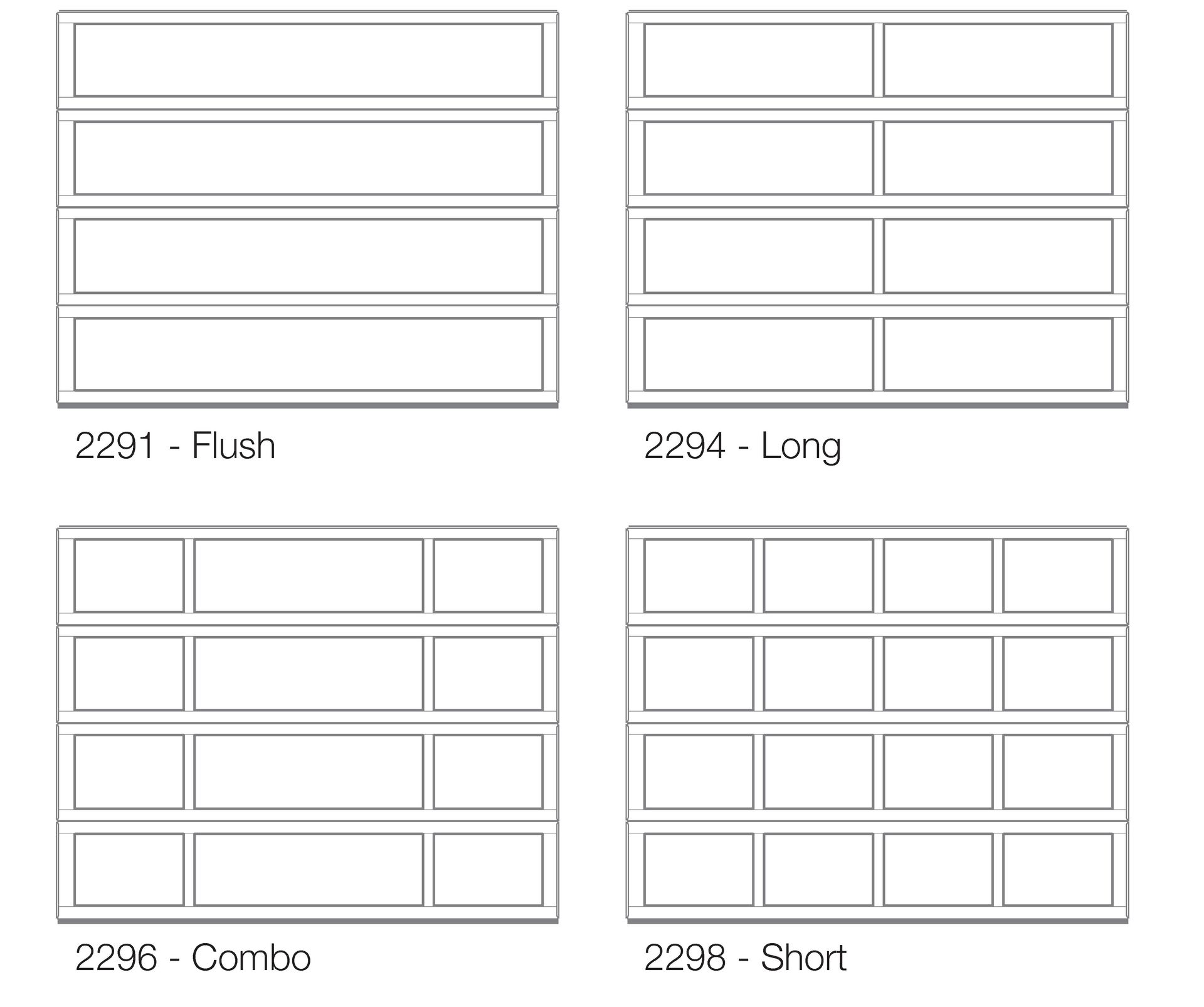 A black and white drawing of four different types of garage doors.