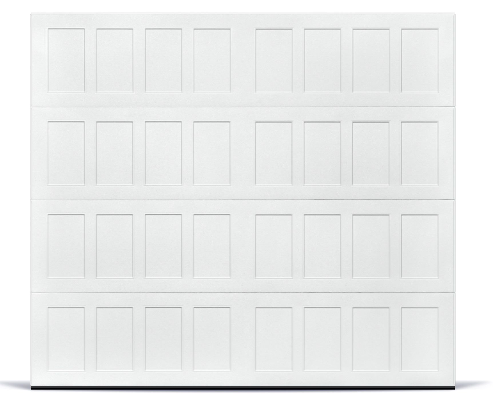 A white garage door with squares on it on a white background.