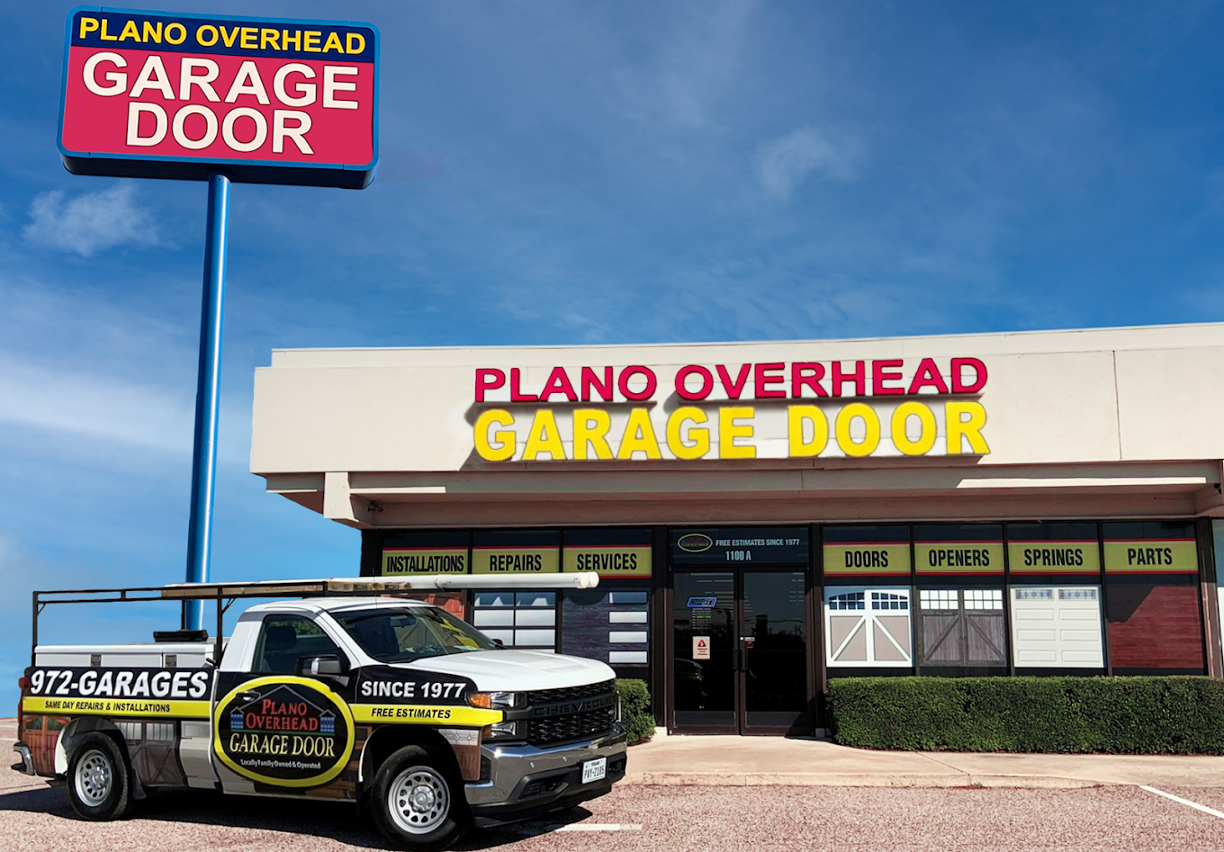 Piano Overhead Garage Door office and its service truck.