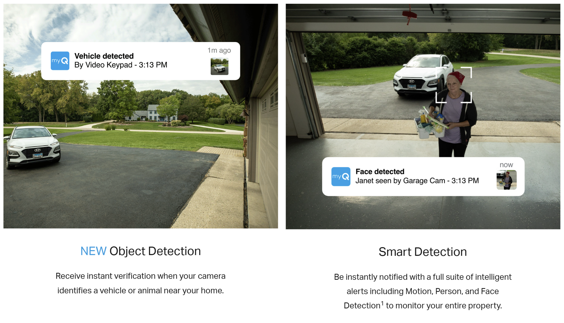 Two security camera views showing car and person detection with object detection icons.