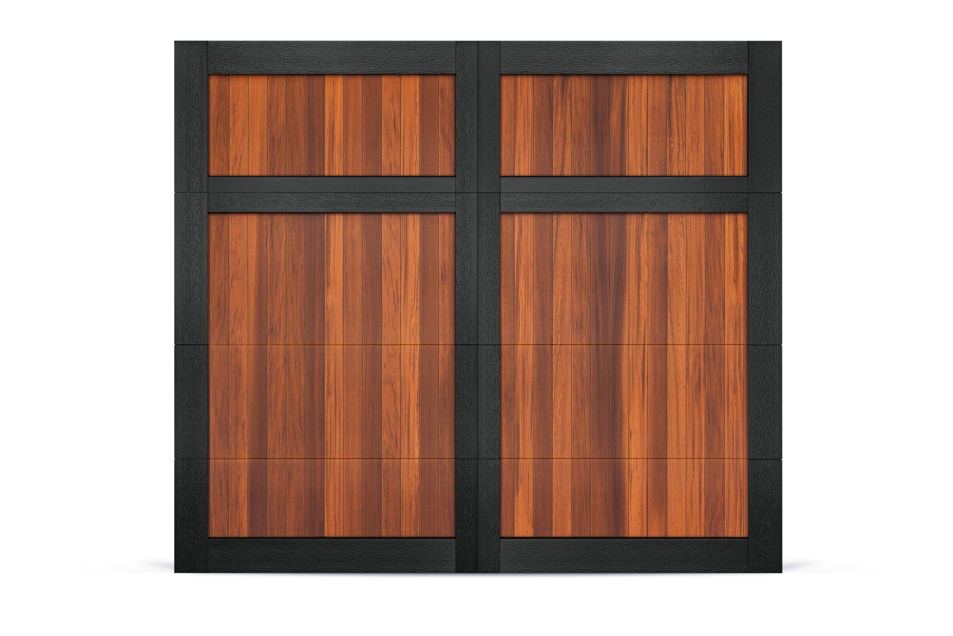 A wooden garage door with a black frame on a white background.