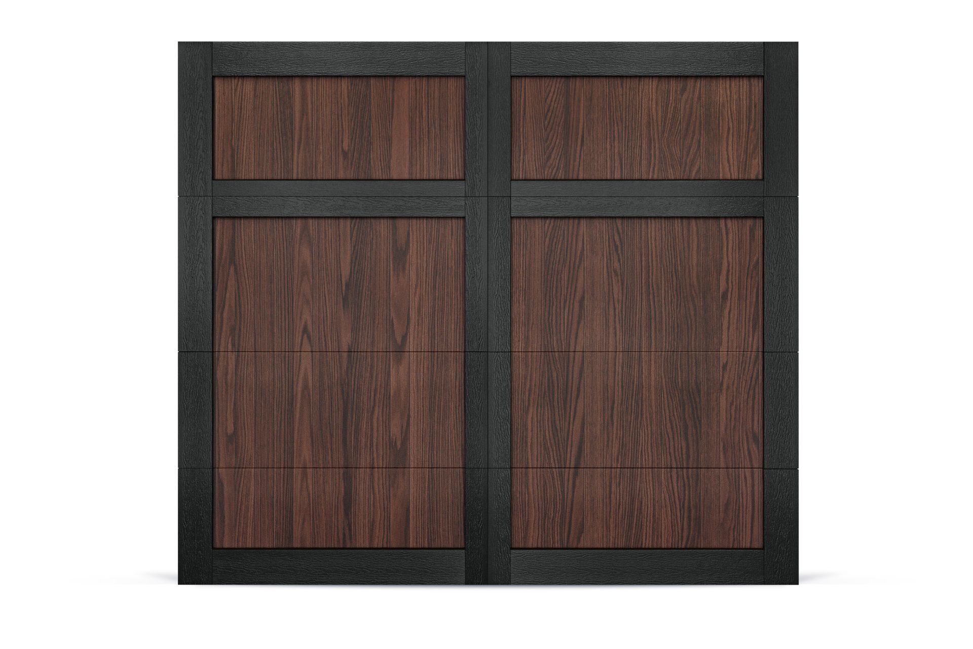 A wooden garage door with a black frame on a white background.