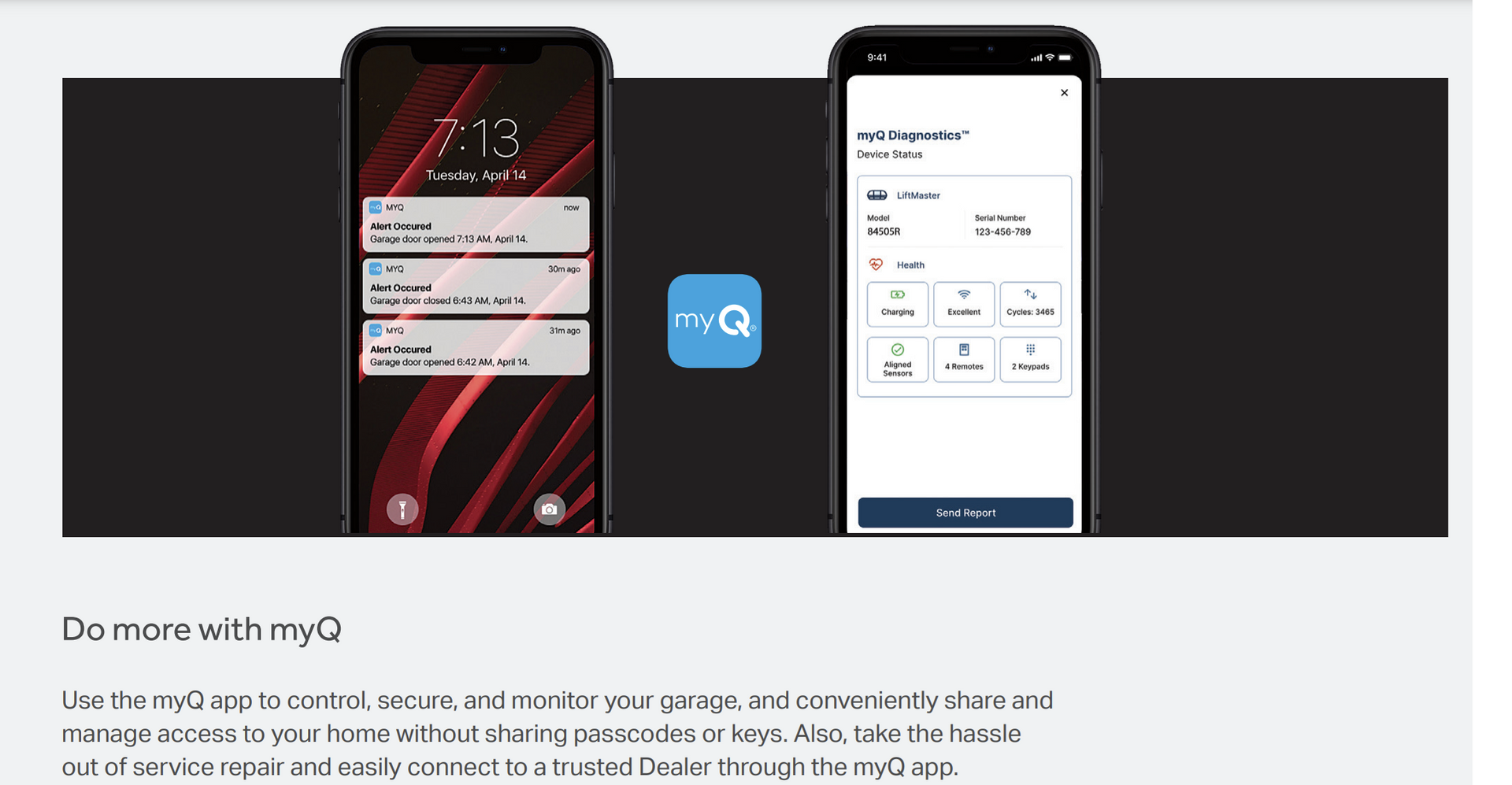 Two phones displaying the myQ app interface. The logo is in between.