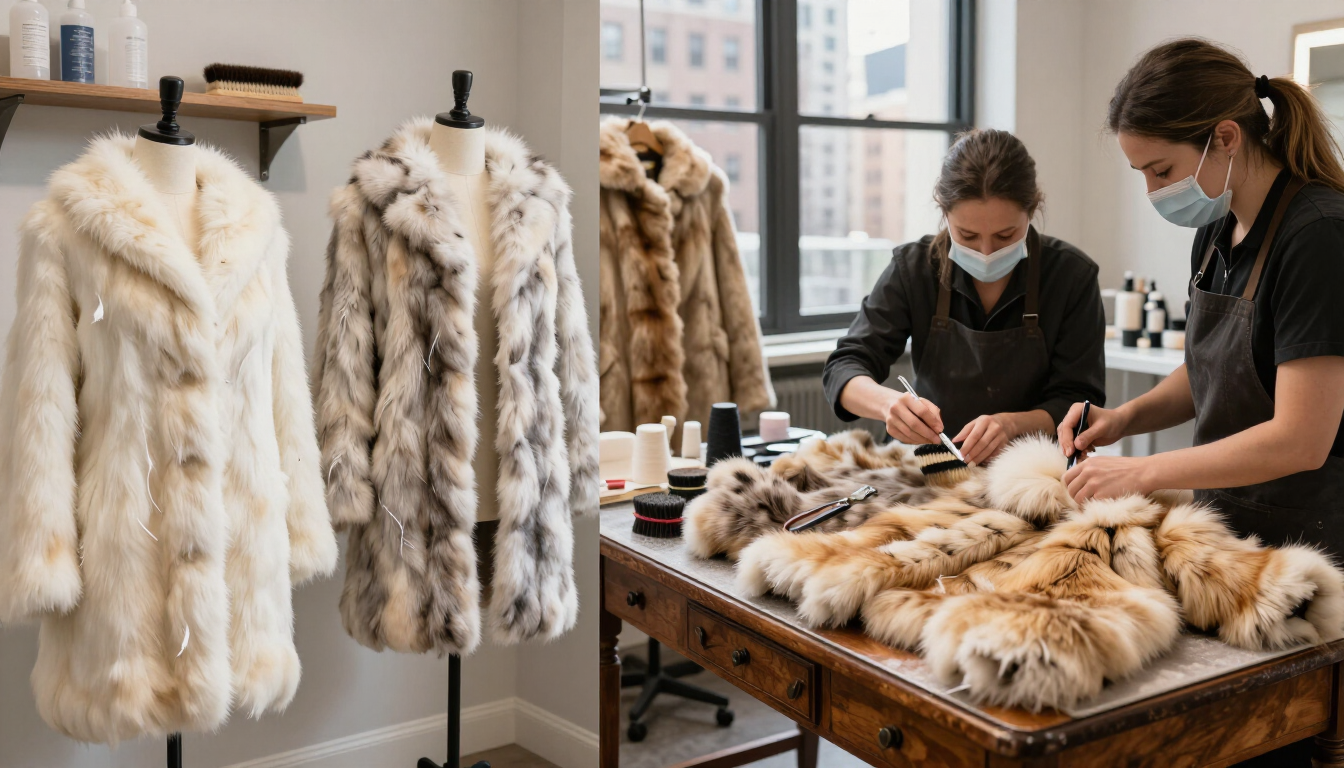 Fur coats on mannequins and a worktable, with two masked workers sorting pelts in a studio