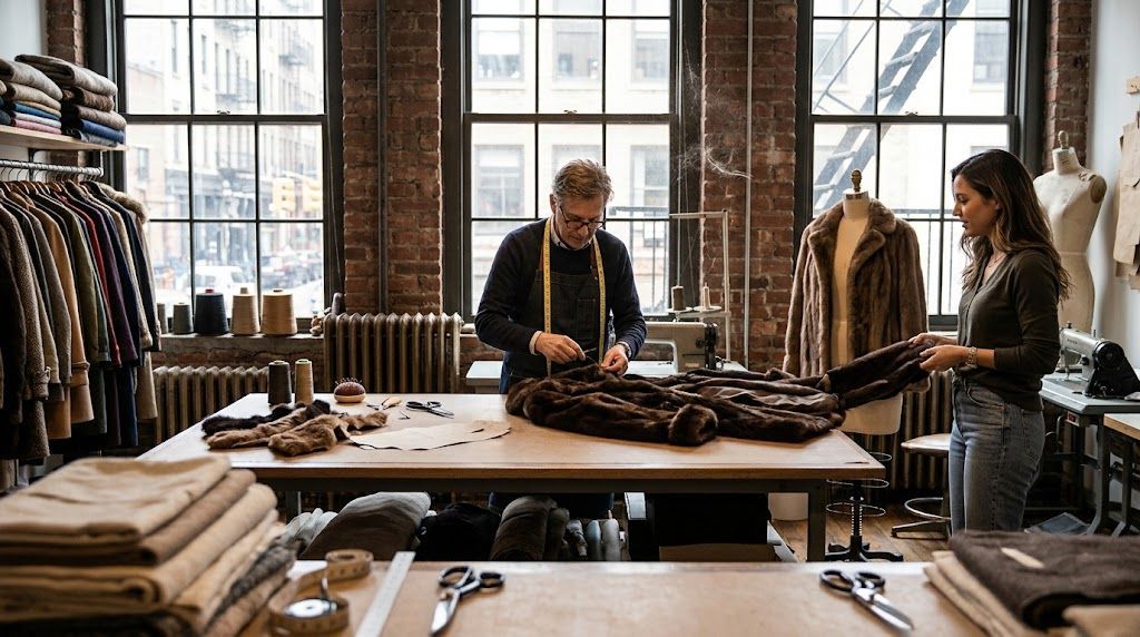 Two people arranging folded clothes on a table in a bright clothing workshop or boutique