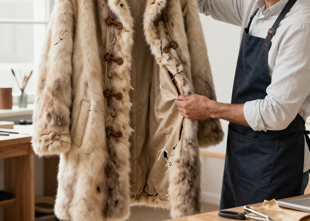 Tailor inspecting a beige fur coat on a hanger in a bright workshop
