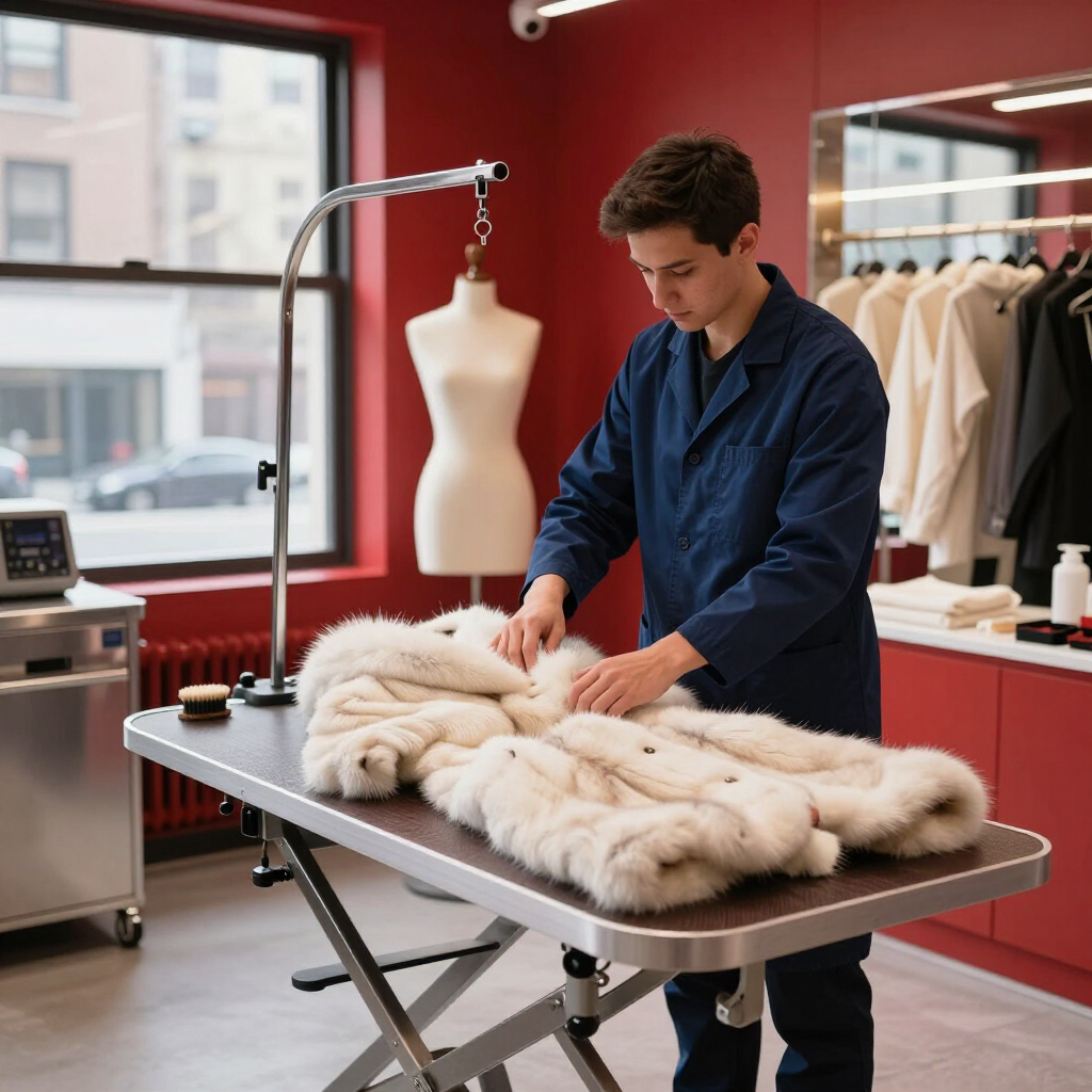 Person adjusting a white fur coat on a worktable in a clothing atelier