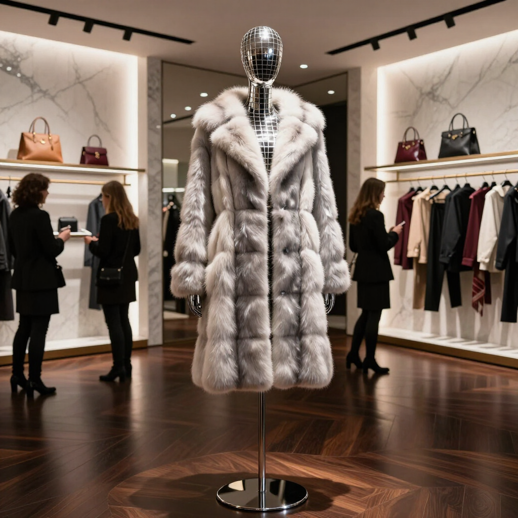 Luxury boutique with a mannequin in a silver fur coat on a wood floor, handbags and clothing displayed behind.