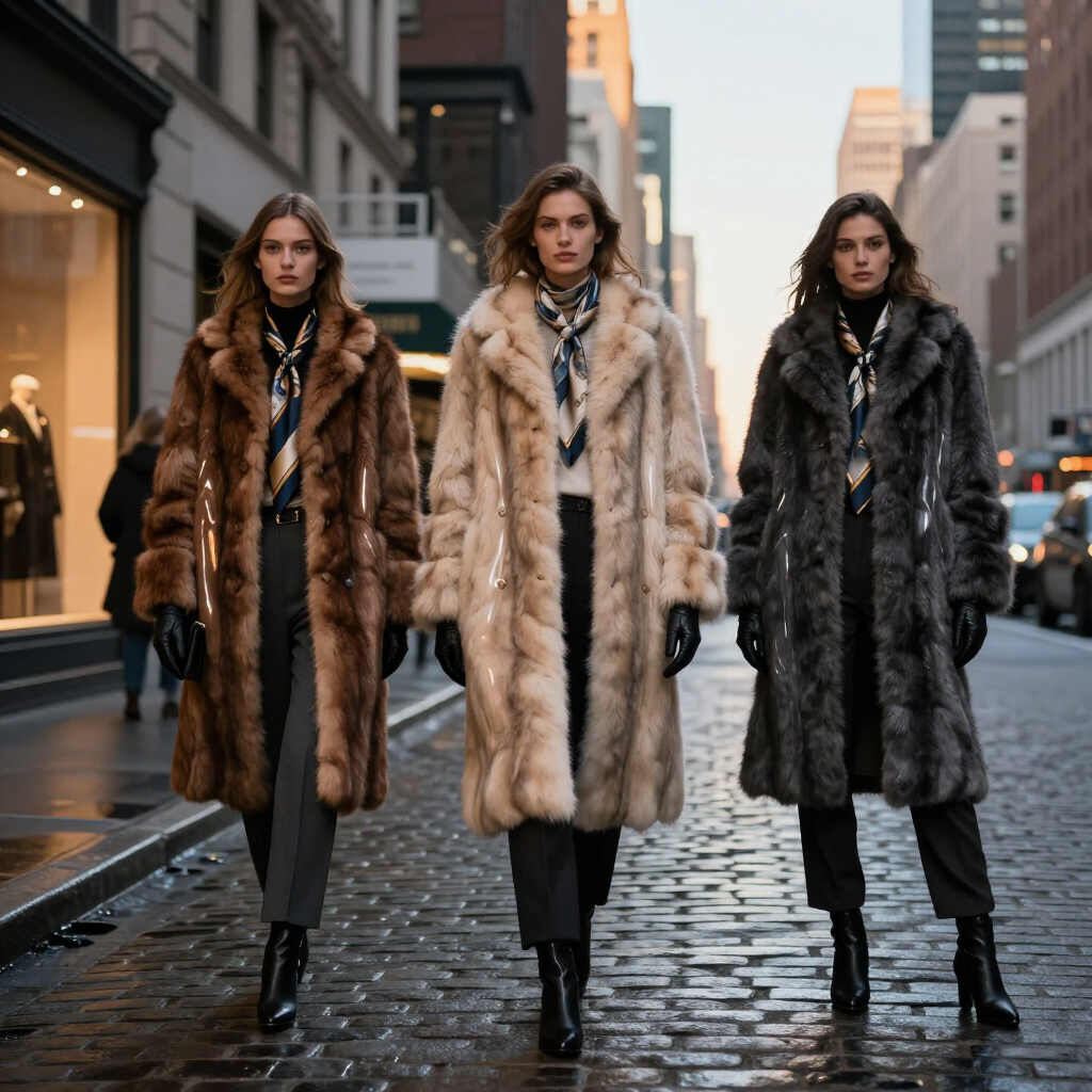 Three models in fur coats walk down a wet city street in winter.