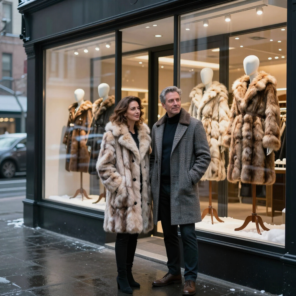 Two people in fur coats standing outside a clothing store display window on a wet street