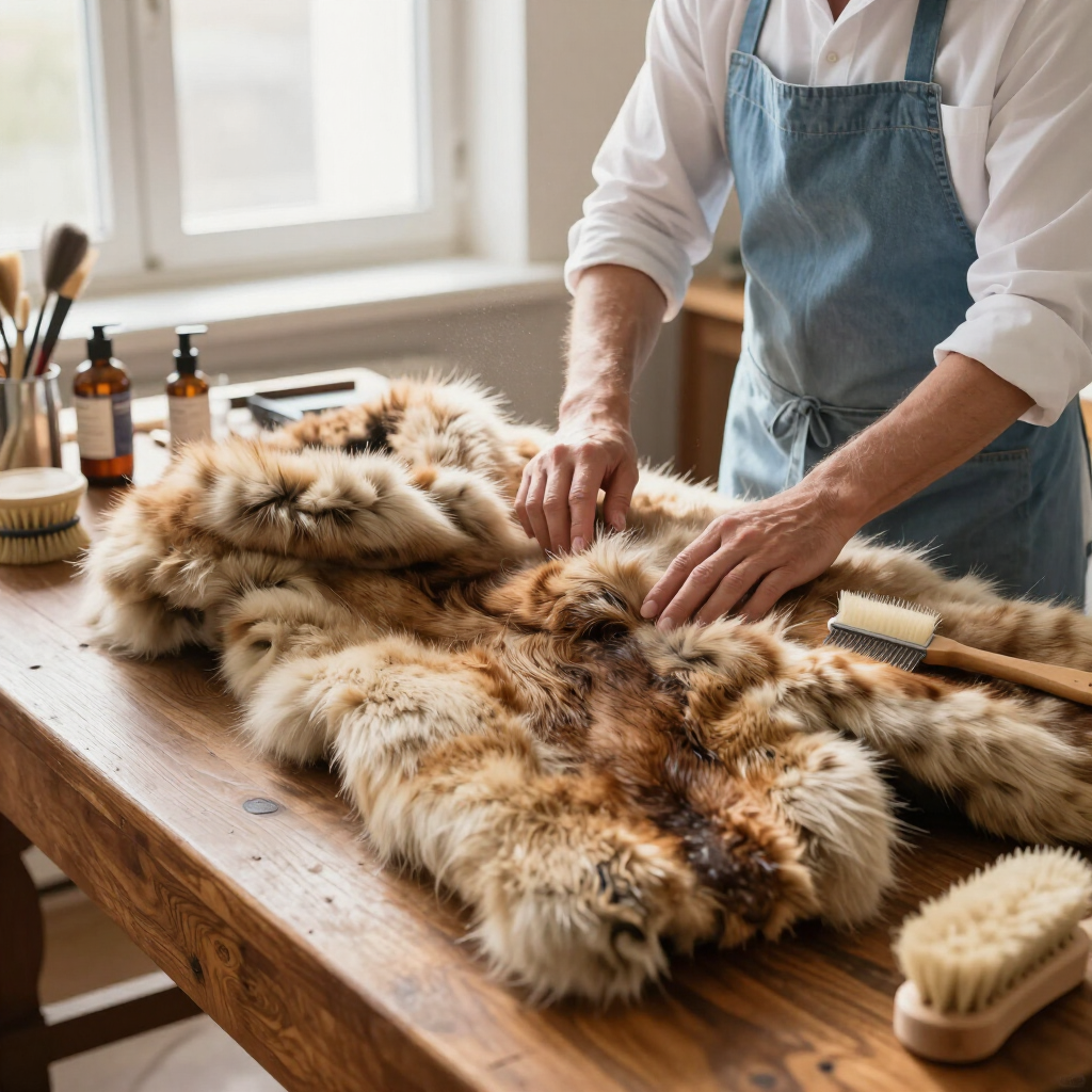 Person cleaning a fluffy fur coat on a wooden table in a bright workshop