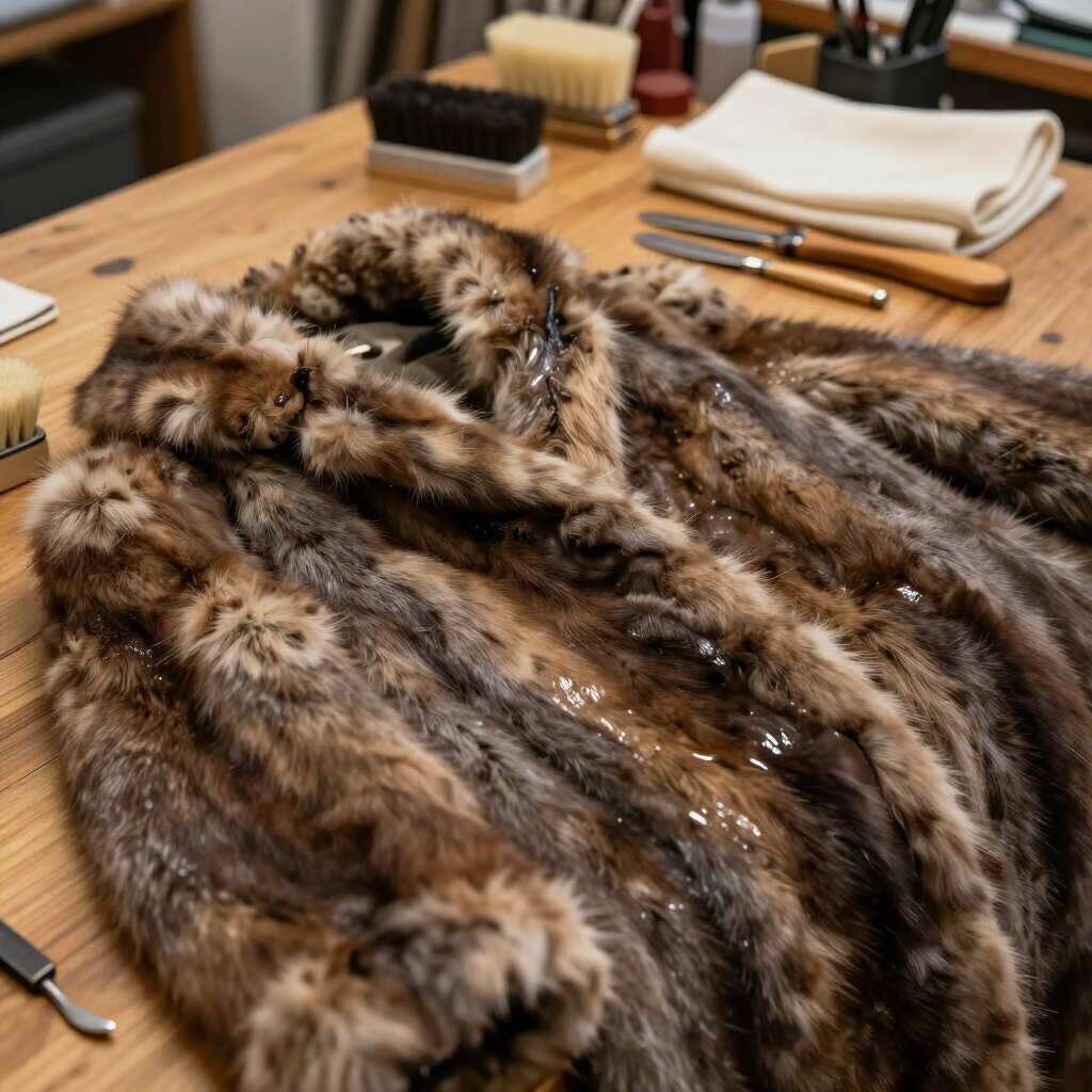 Brown fur coat laid on a wooden table with grooming brushes and folded cloths nearby