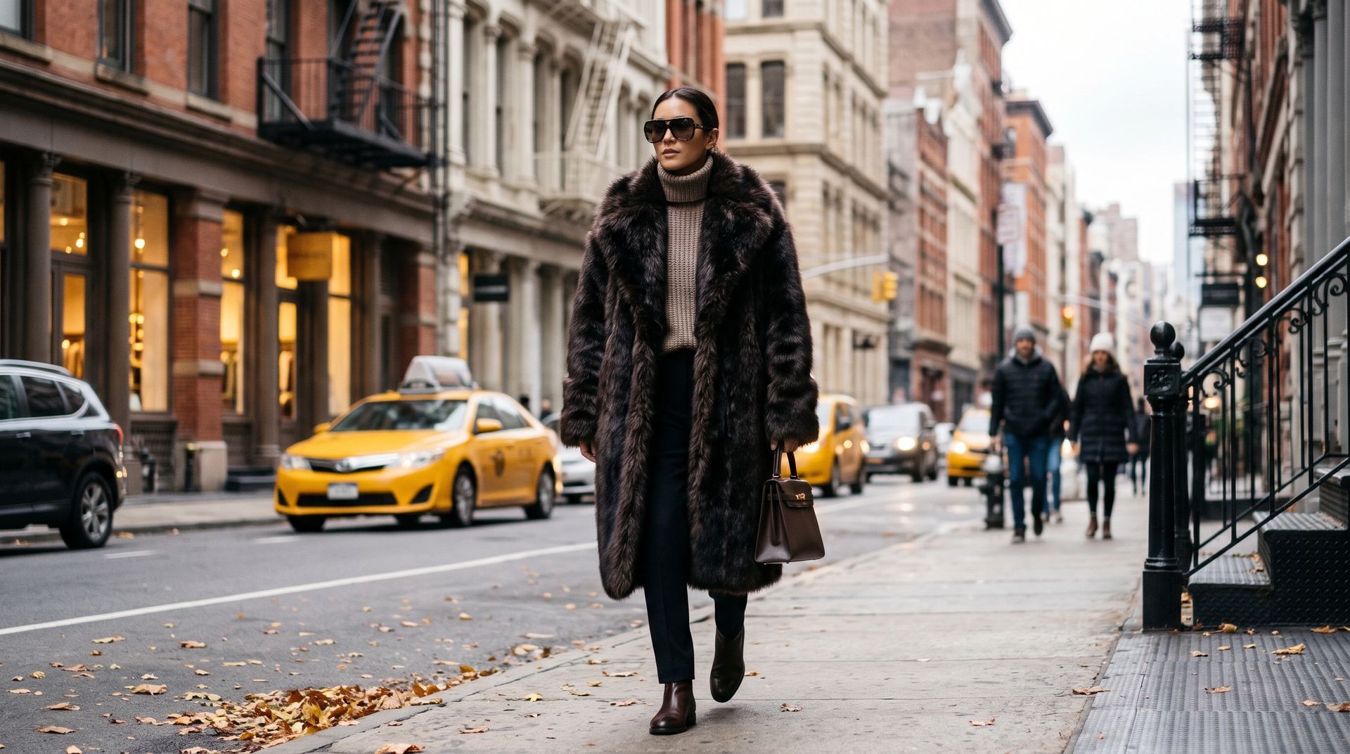 Person in a long coat walking on a city street with yellow taxis and brick buildings.
