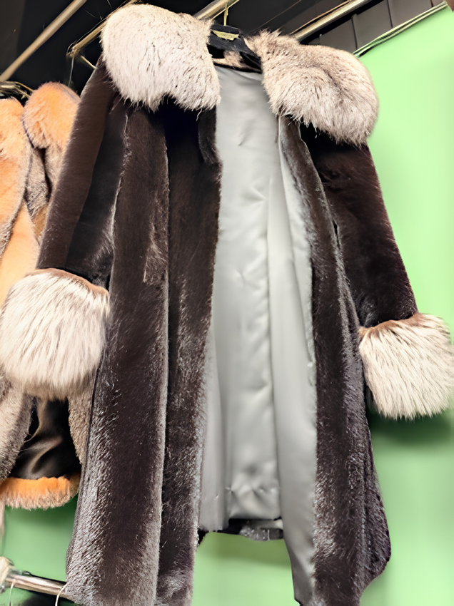 Elegant long dark fur coat with wide fur collar at USA Furs by George Manhattan atelier