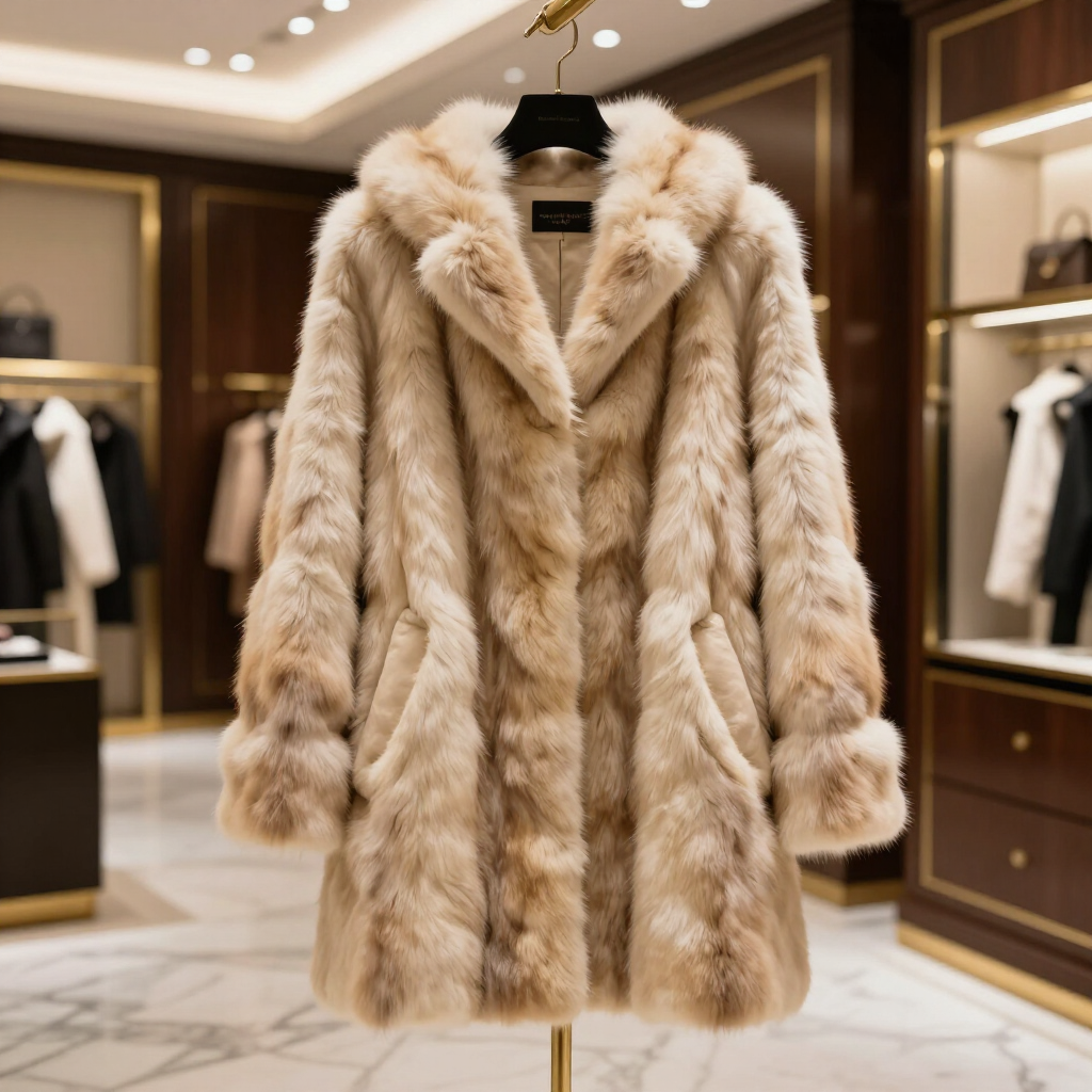 Beige faux fur coat displayed on a hanger in a luxury clothing store.