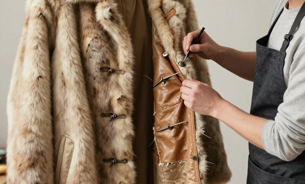 Person sewing a tan fur coat on a dress form beside hanging fur coats