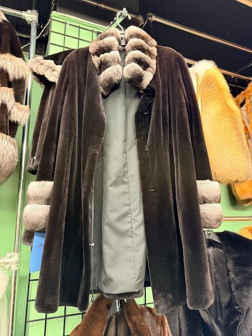 Elegant full-length brown coat with plush fur collar and cuffs by USA Furs by George Manhattan