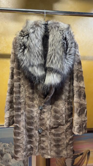 Luxury textured brown fur coat with plush silver fox collar at USA Furs by George NYC