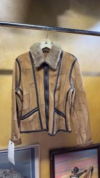 Handcrafted tan patchwork shearling jacket with fur collar by USA Furs by George NYC