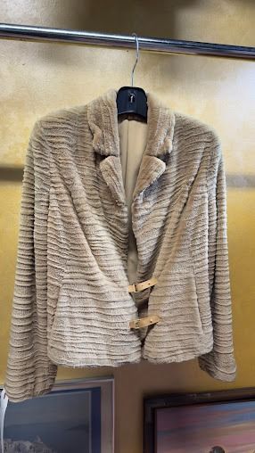 Handcrafted ribbed light beige fur jacket with buckle details by USA Furs by George NYC