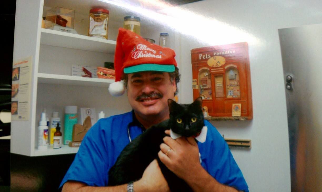 A man wearing a santa hat is holding a black cat.