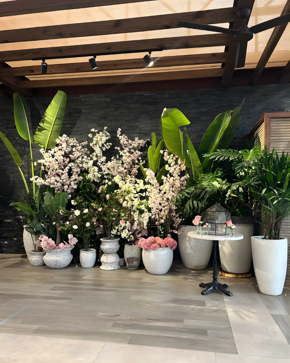 Hileras de plantas con flores y hojas en macetas sobre un patio embaldosado bajo una pérgola de madera.