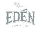 Logo de Edén Flor y Café con letra E gris estilizada rodeada de delicadas hojas y flores verdes.