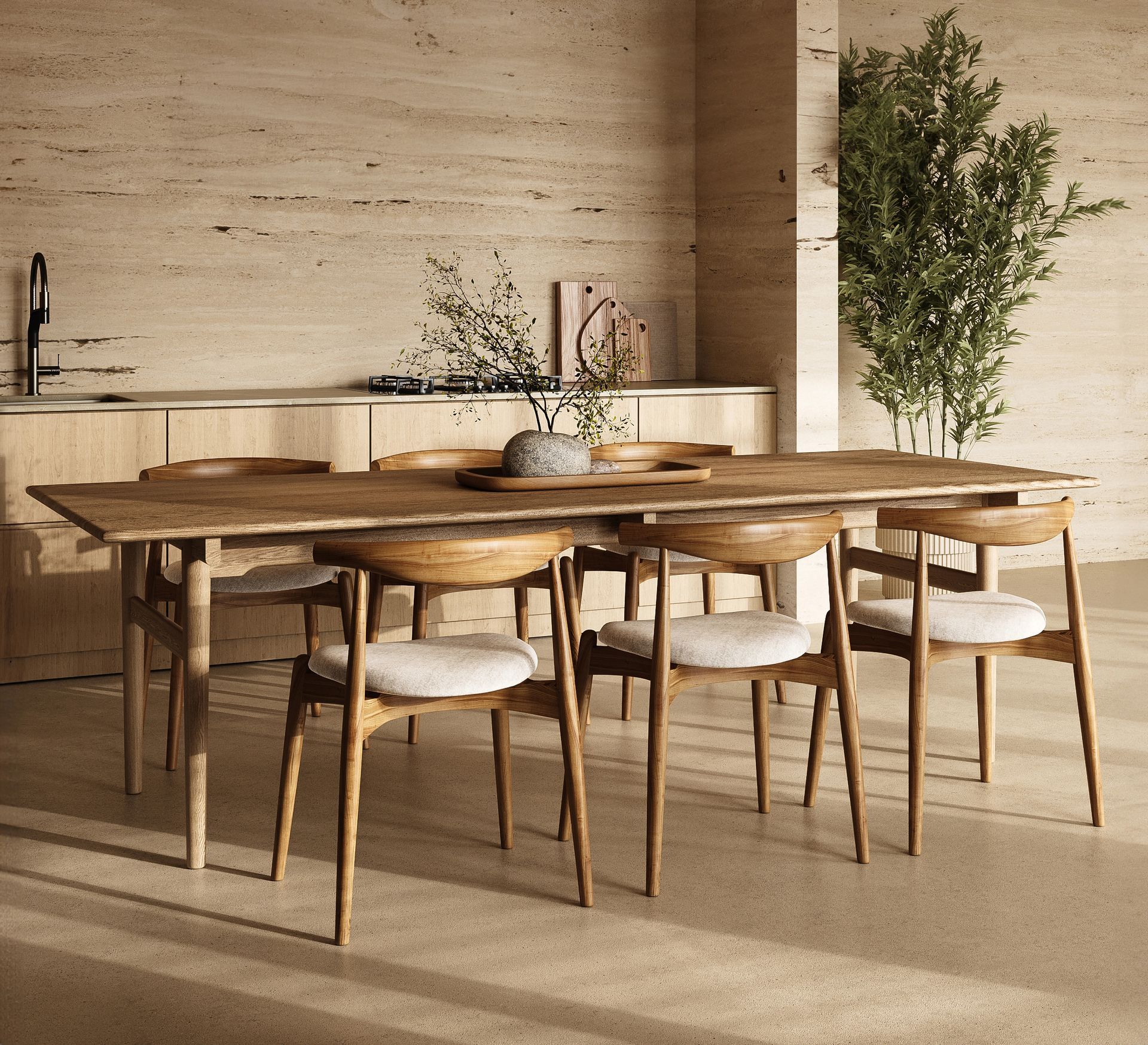 Sala da pranzo moderna con un tavolo rotondo in legno, sei sedie e piante in vaso accanto a una parete beige.
