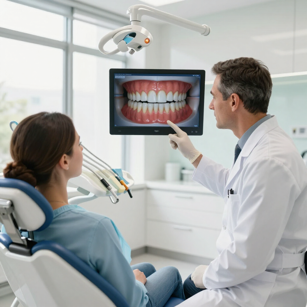 En una luminosa consulta dental, un dentista le muestra a un paciente una radiografía de sus dientes en un monitor.