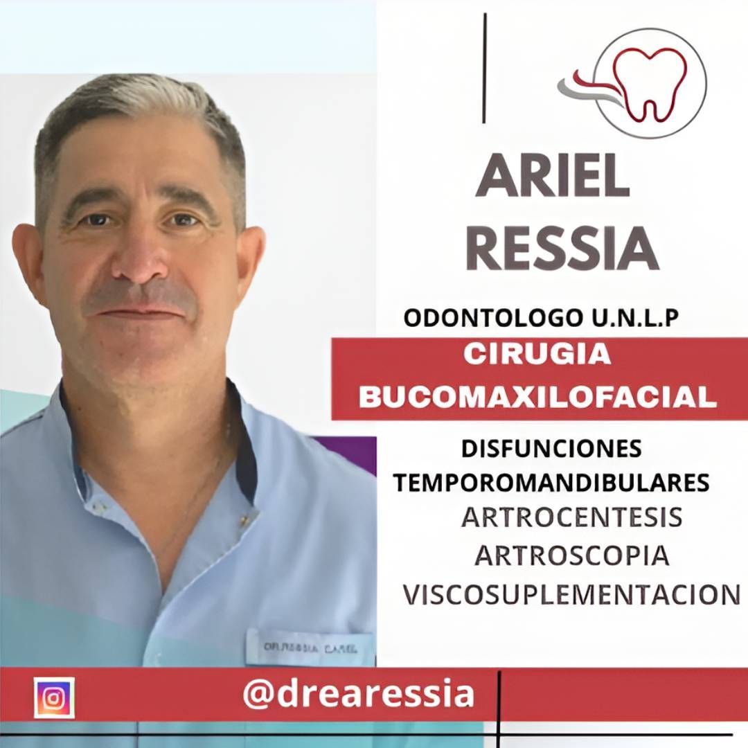 Anuncio con retrato de Ariel Ressia, odontólogo y cirujano oral, con logotipo de un diente y servicios listados en español.