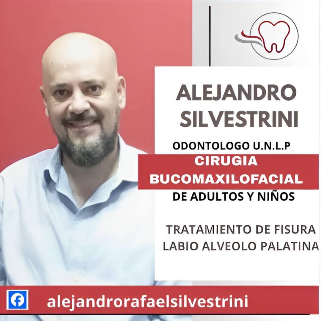 Anuncio dental en formato retrato con un hombre calvo, fondo rojo y texto para Alejandro Silvestrini, cirujano oral.