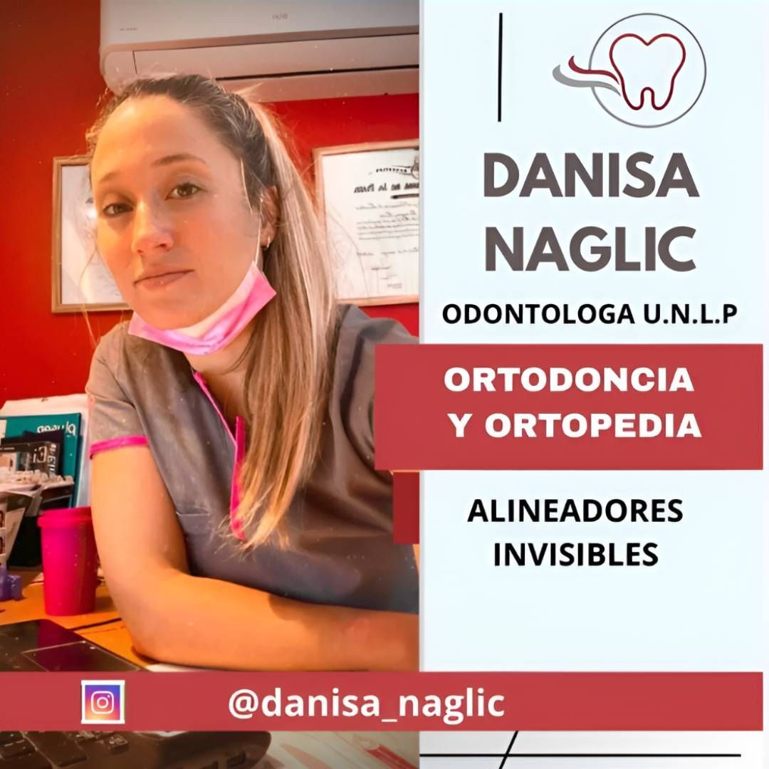 Retrato promocional de Danisa Naglic, odontóloga, con texto sobre ortodoncia, ortopedia y alineadores invisibles.