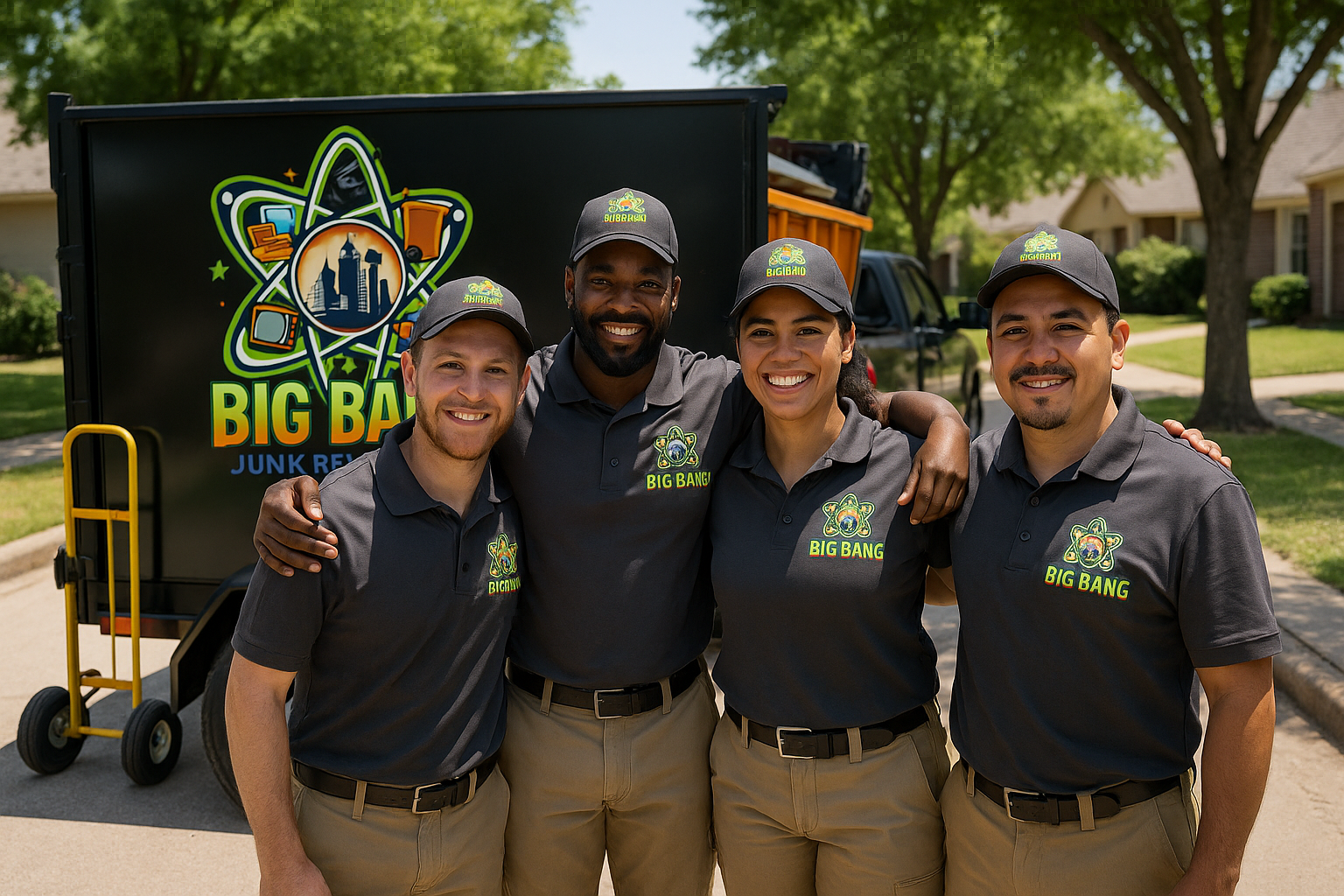 A group of people are posing for a picture in front of a junk truck.