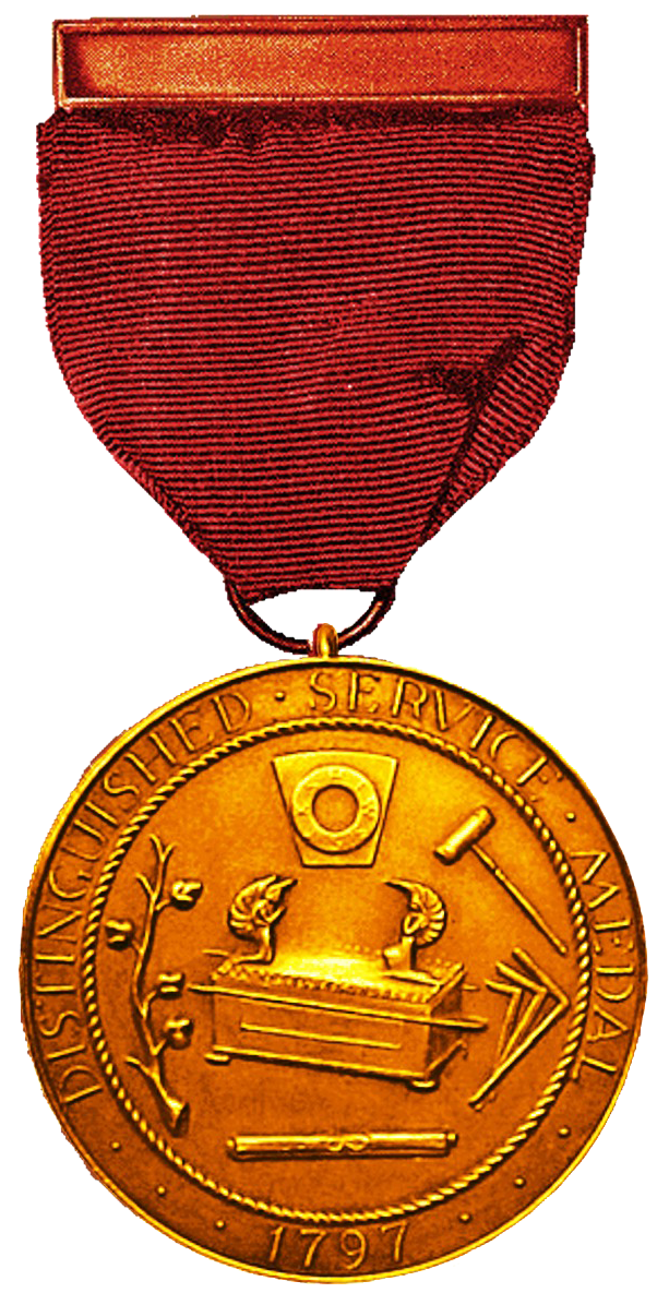 Gold medal with red ribbon, showing the Arch of the Covenant with other symbolism.