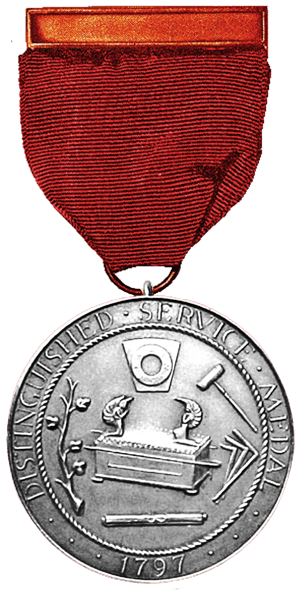 Silver medal with red ribbon, featuring an engraved Arch of the Covenant design