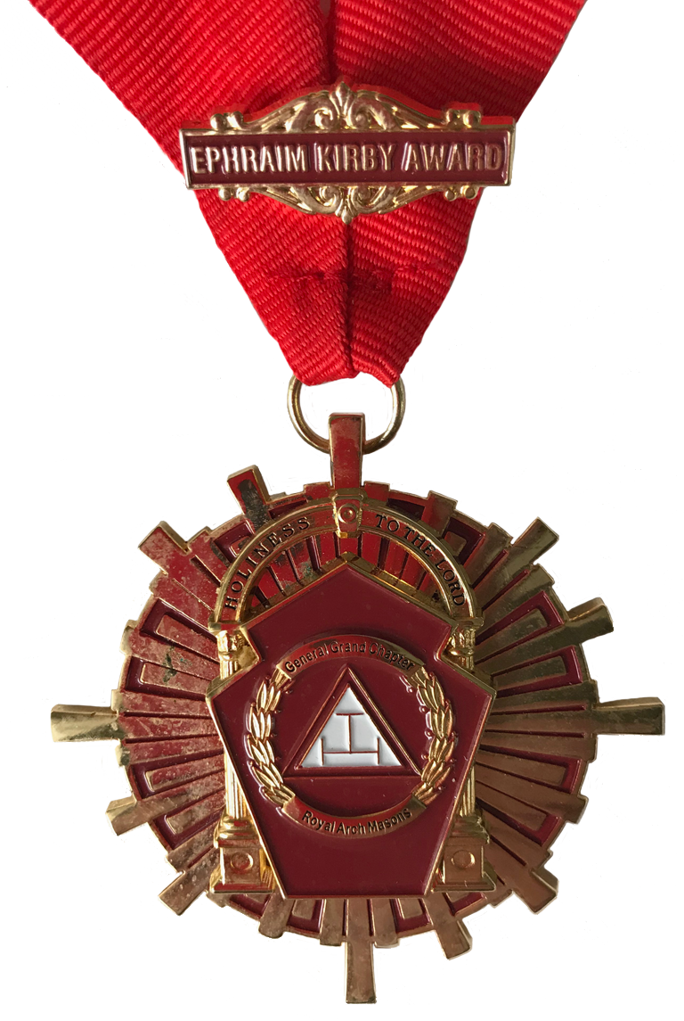 Red ribbon medal with a gold and red starburst insignia and a small triple tau in the center