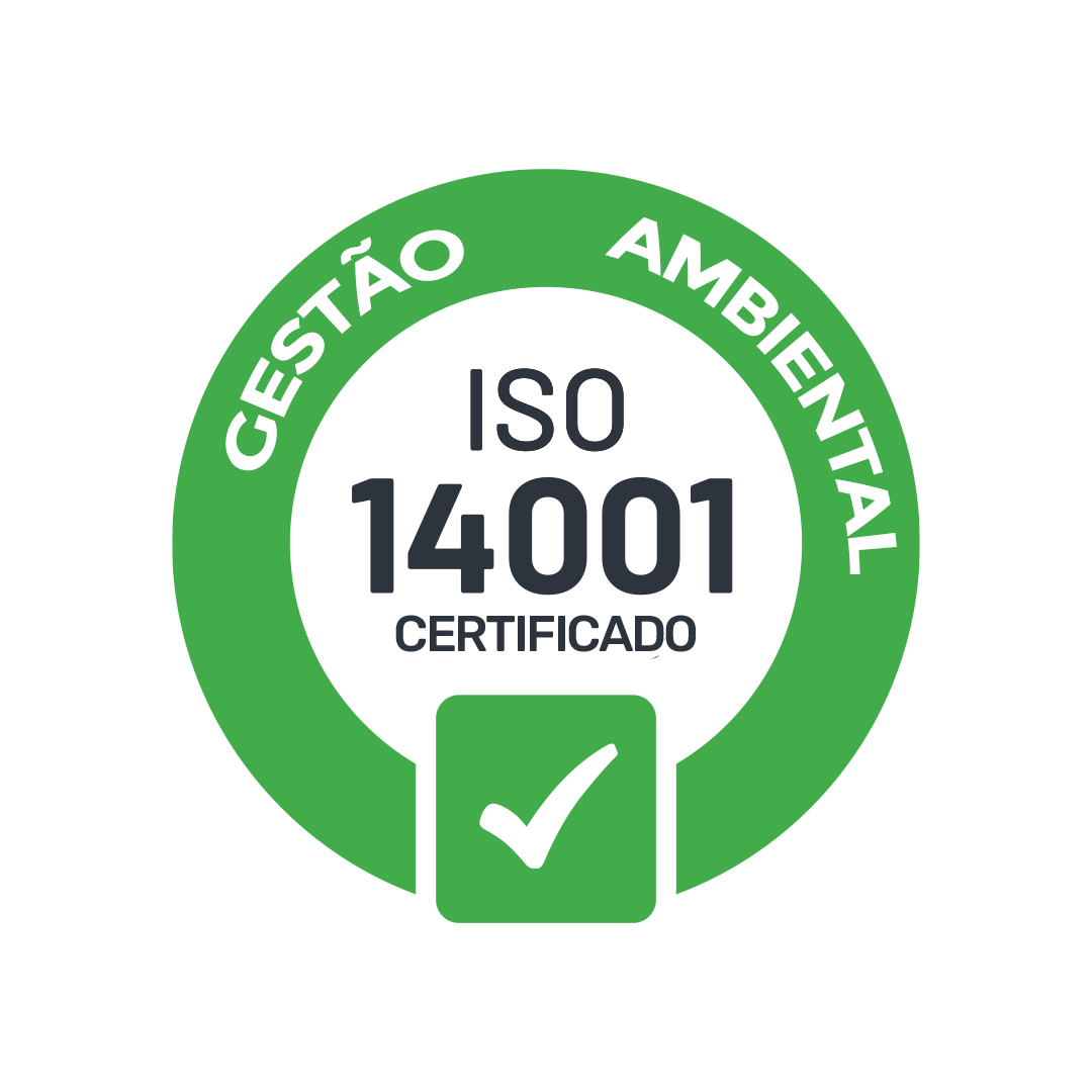 Logotipo verde da certificação de gestão ambiental ISO 14001, com marca de verificação.
