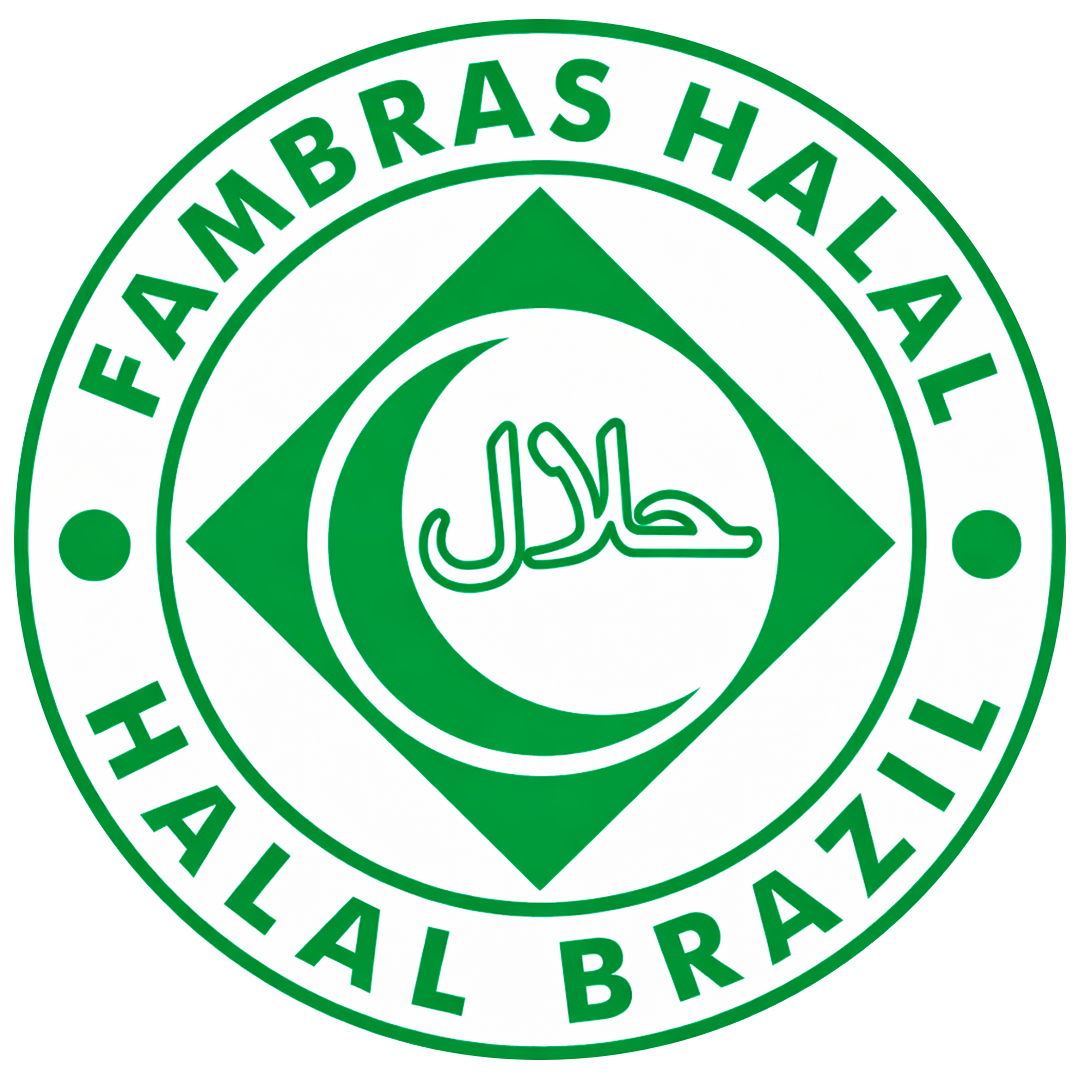 Selo Halal Brasil verde e branco com texto em árabe e lua crescente.