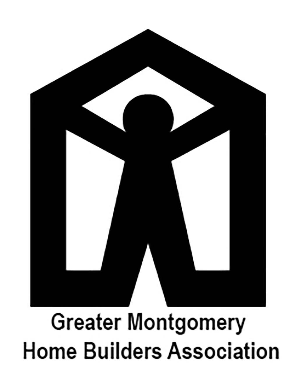 Black logo: Person inside house outline, Greater Montgomery Home Builders Association text below.