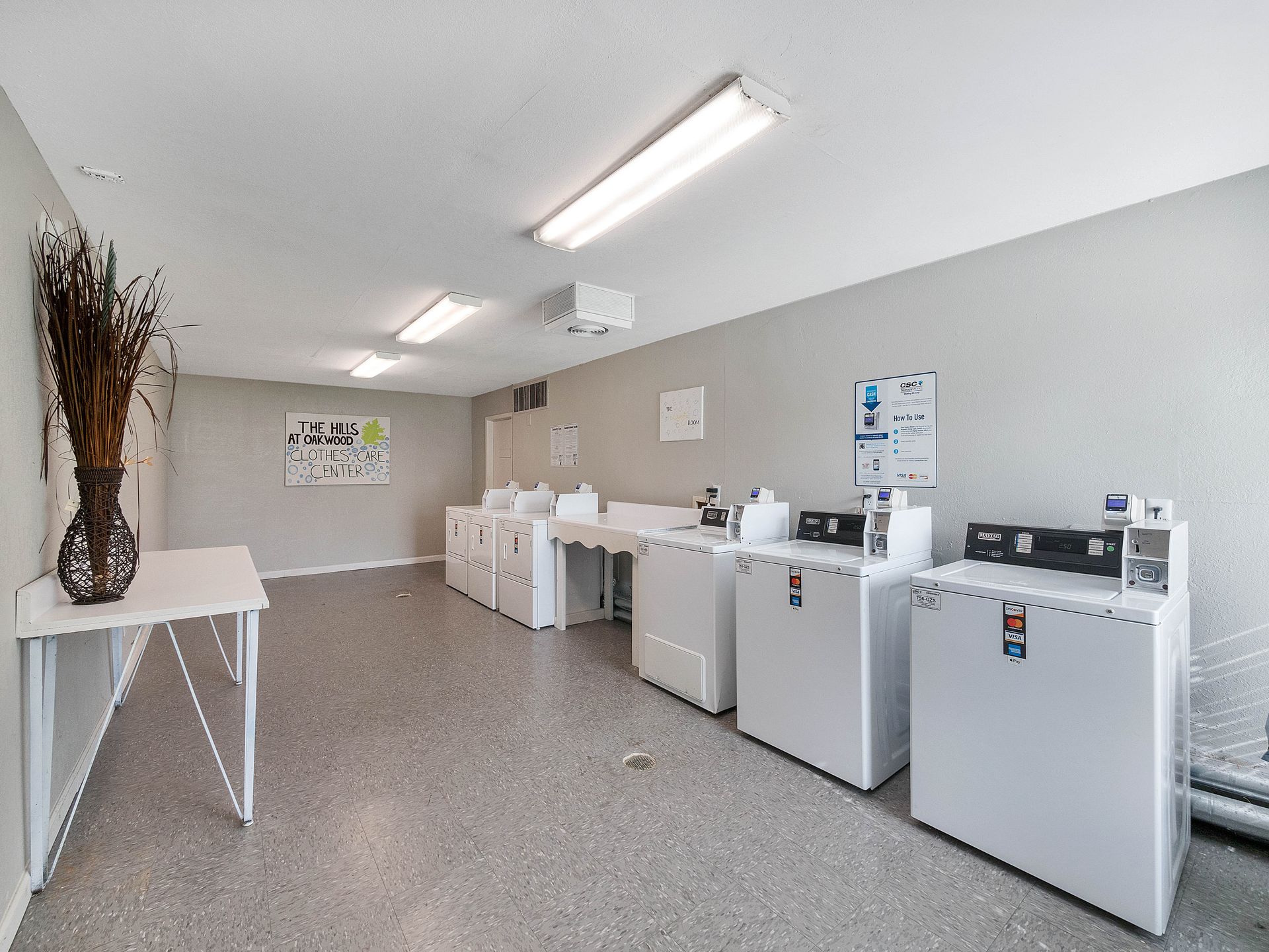 A bright, clean laundry room with white machines arranged in a row along a wall, next to a table with a decorative plant.