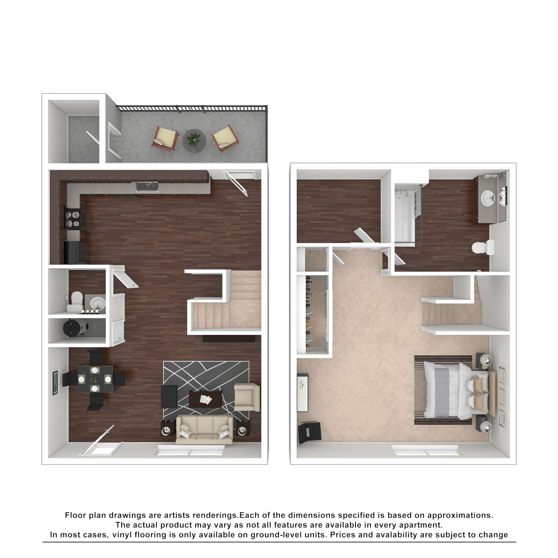 Floor plan of a two-story apartment with an open-concept living area, kitchen, balcony, bedroom, and bathroom.