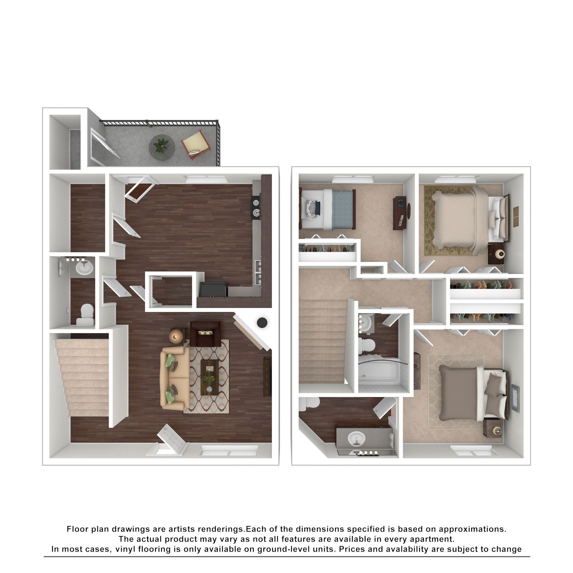 Floor plan of a two-story apartment: a main level with living/kitchen areas and an upper level with bedrooms and bathrooms.