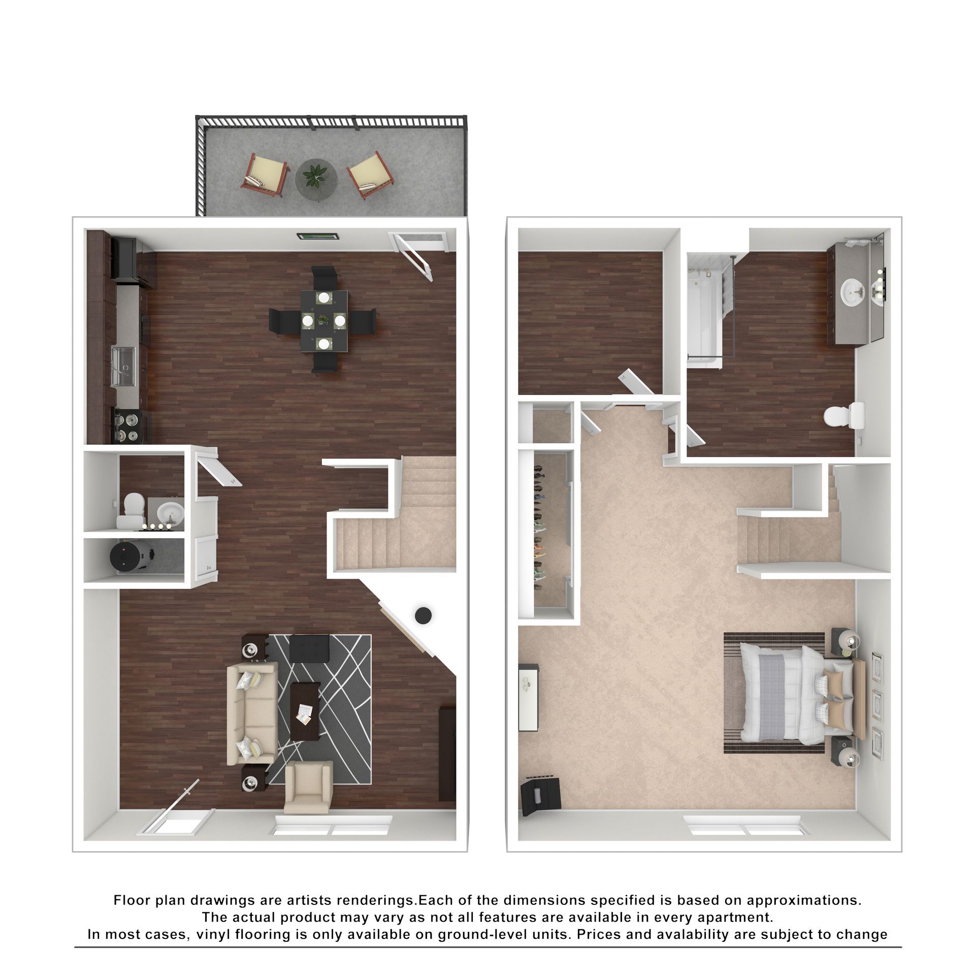 A 2D floor plan of a two-story apartment with a patio, dining area, kitchen, living room, bathroom, and bedroom.