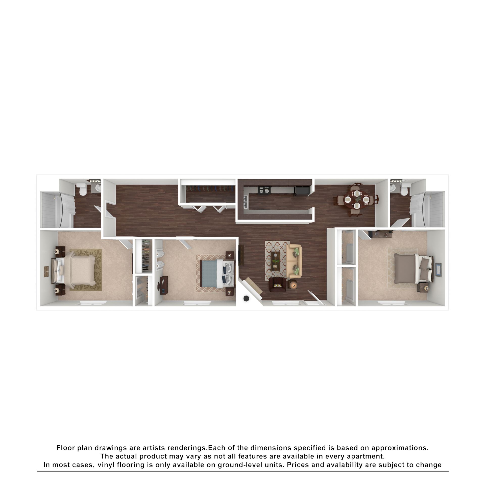 Floor plan of a three-bedroom apartment with a central living area, kitchen, dining space, and three bathrooms.