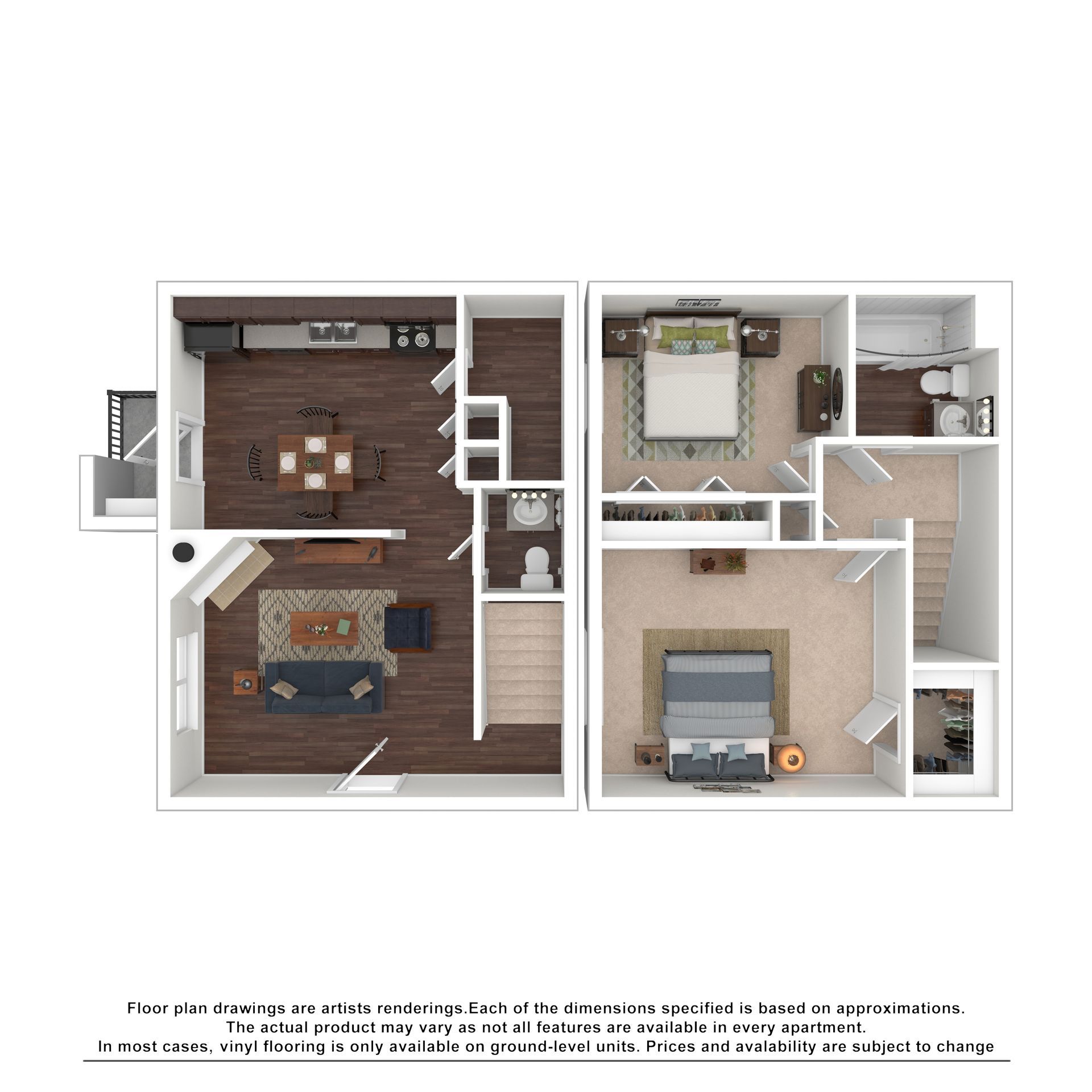 Floor plan of a two-story apartment: living area on the left, two bedrooms and a bathroom on the right.