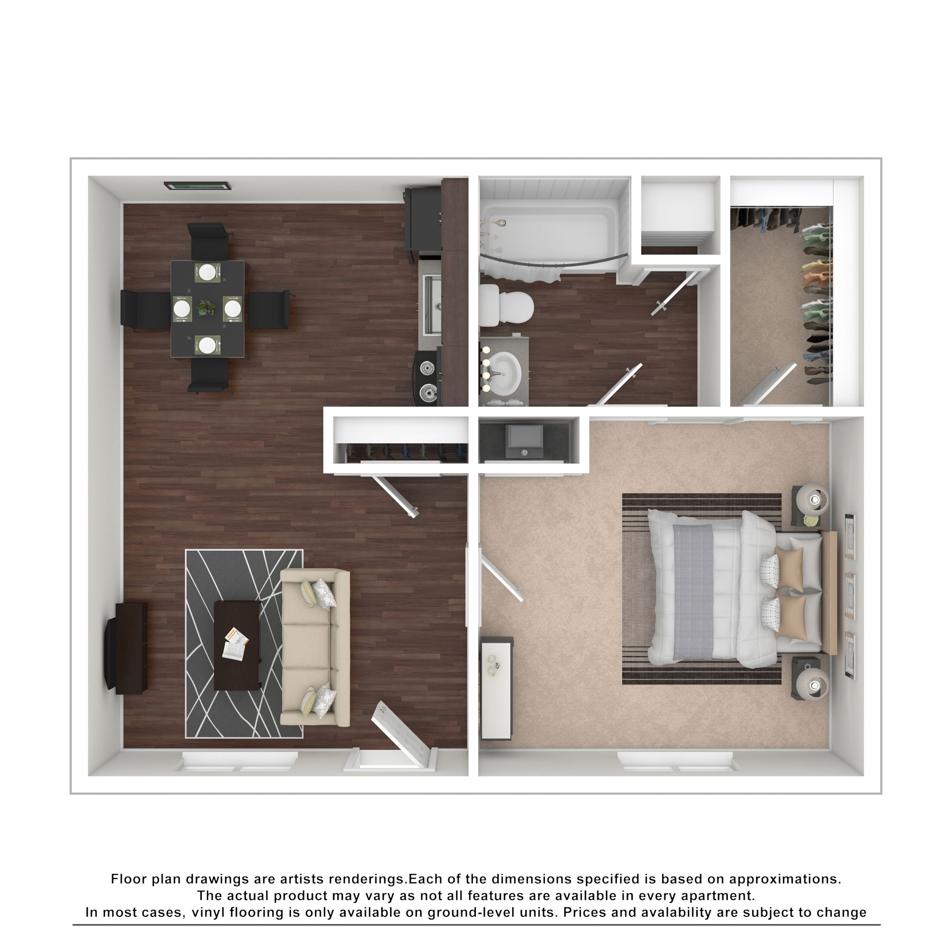 Top-down floor plan of a one-bedroom apartment with a living area, kitchen, dining space, bathroom, and walk-in closet.