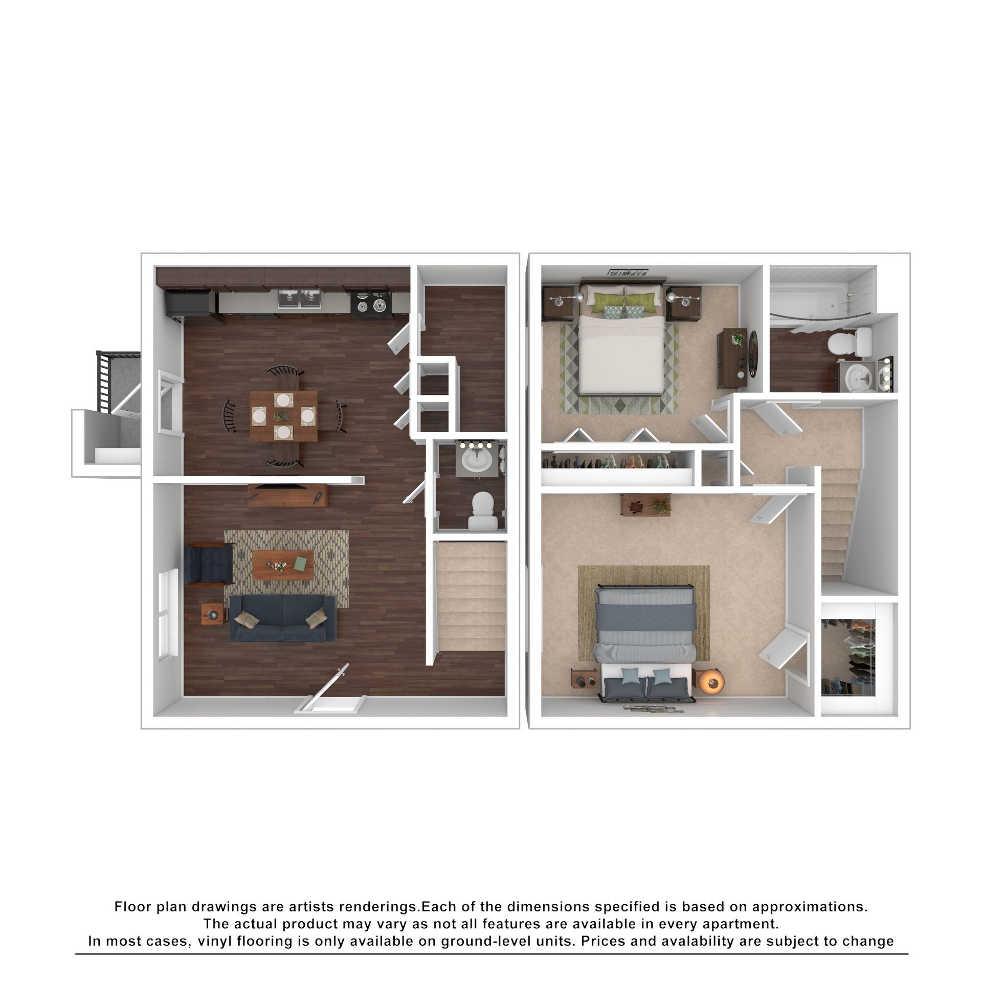 Floor plan for a two-story apartment with an open-concept living area and kitchen downstairs and two bedrooms upstairs.