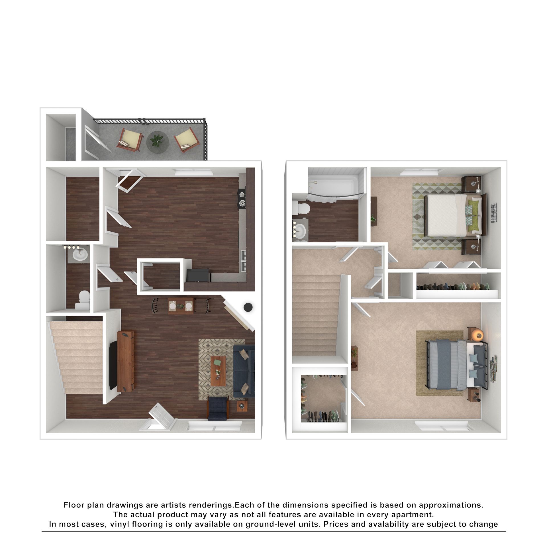 Floor plan of a two-story apartment: ground floor with kitchen, living area, and patio; second floor with two bedrooms.